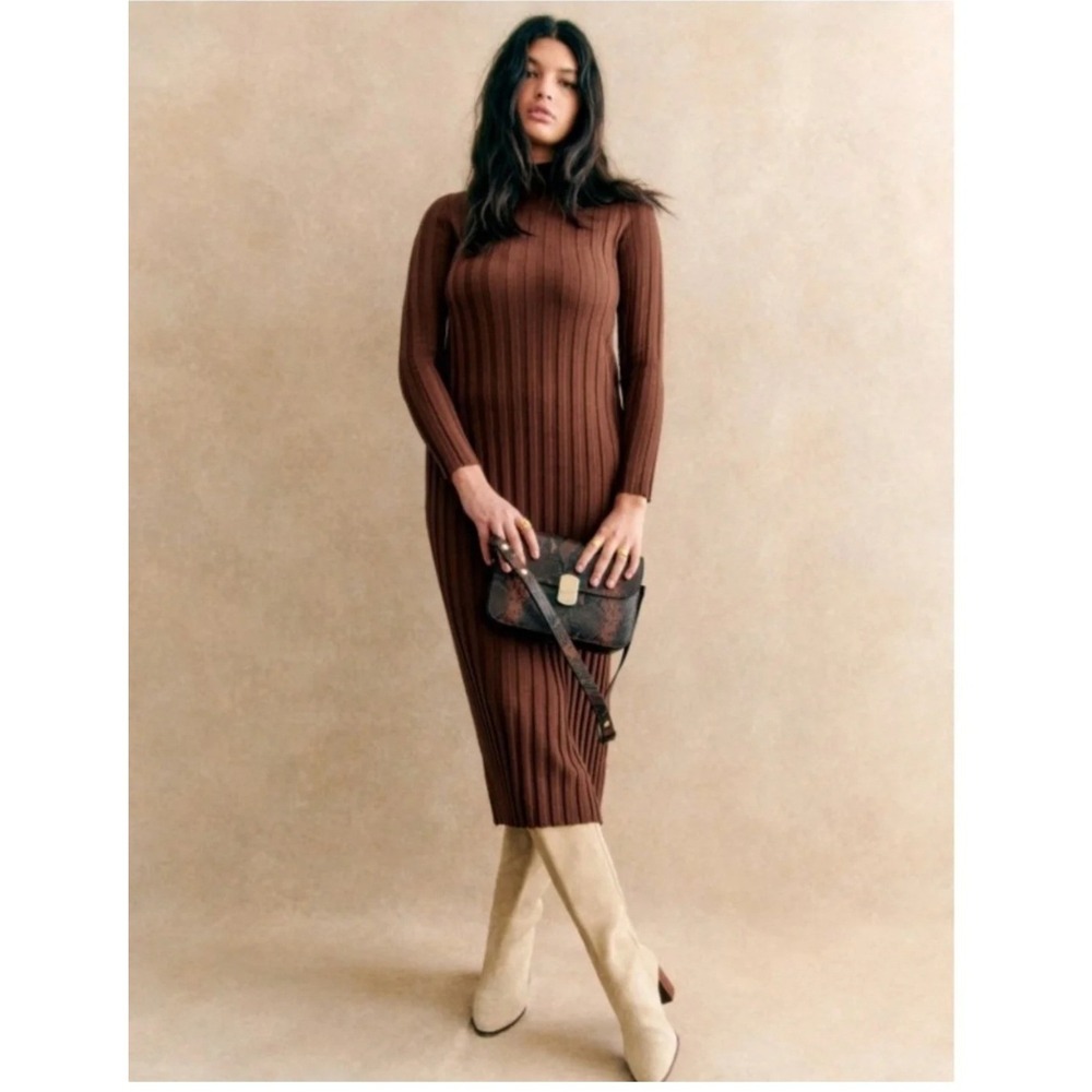 Sezane Katrina Ribbed Midi Dress Women XS Caramel Brown Merino Wool Mock Neck